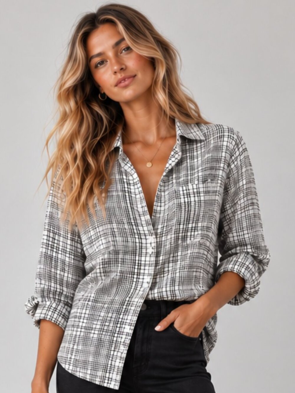 VELVET HEART Plaid Button Down Roll Tab Shirt Black White Grid Pattern S EUC